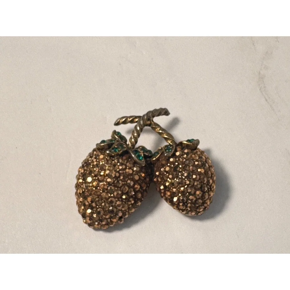 Weiss Vintage Gold Topaz‎ Rhinestone Double Strawberry Brooch Pin Green Leaves
